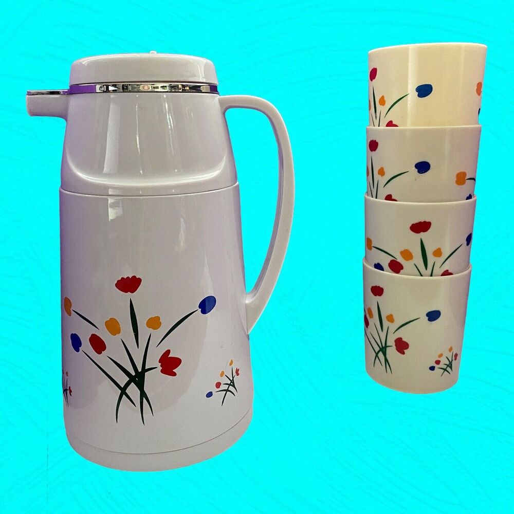 Vtg Phoenix Insulated Thermal Coffee Tea Pitcher Carafe & 4 Cups 1980's Floral